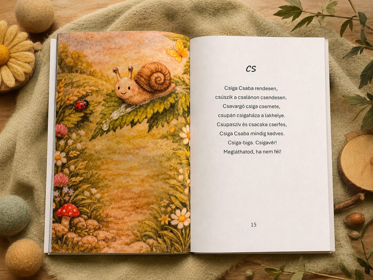 Nyitott Betűversek könyv a Cs betűs verssel és egy mosolygó csigát ábrázoló illusztrációval.