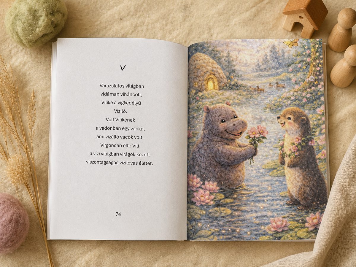 Nyitott Betűversek könyv a V betűs verssel és egy vízilovat és vidrát ábrázoló illusztrációval.
